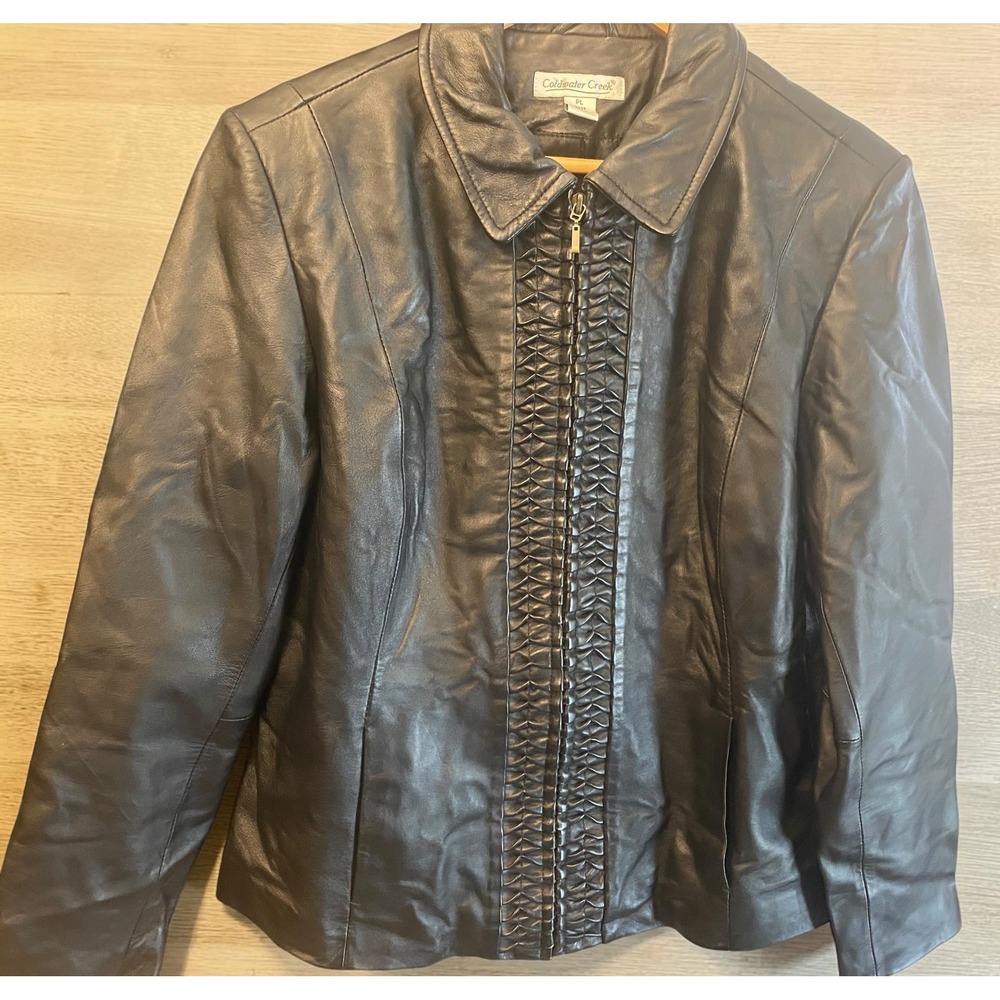 Coldwater Creek Woven Detail Women PL Black Leather Jacket
